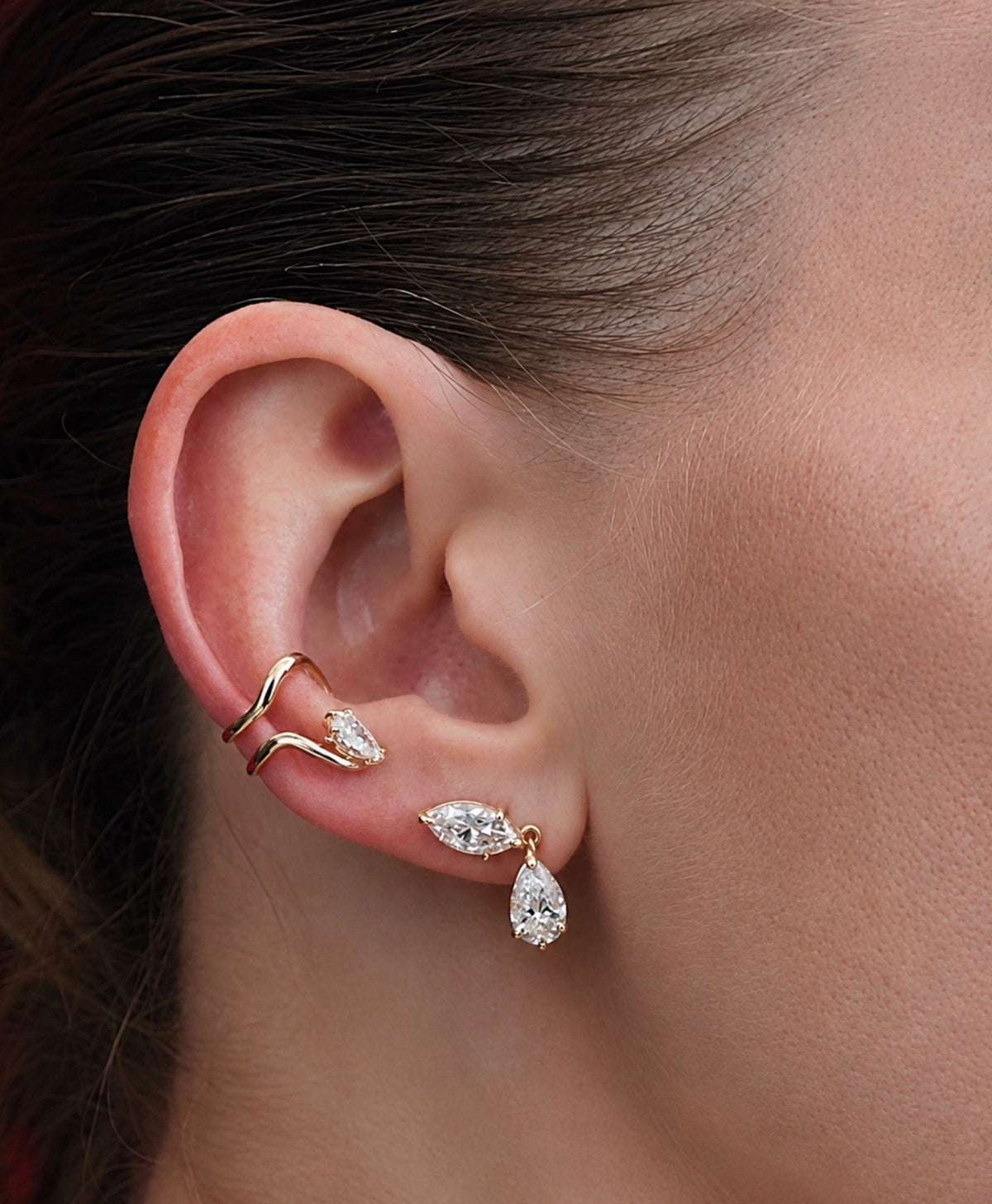 14k gold lab-grown diamond earrings with marquise and pear-shaped diamonds